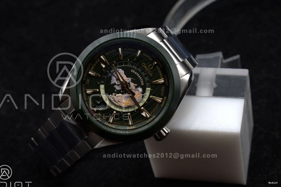 1:1 Ceramic VSF Edition Worldtimer Best 43mm Green SS Super GMT Aqua on Terra A8938 Bracelet Clone 1105